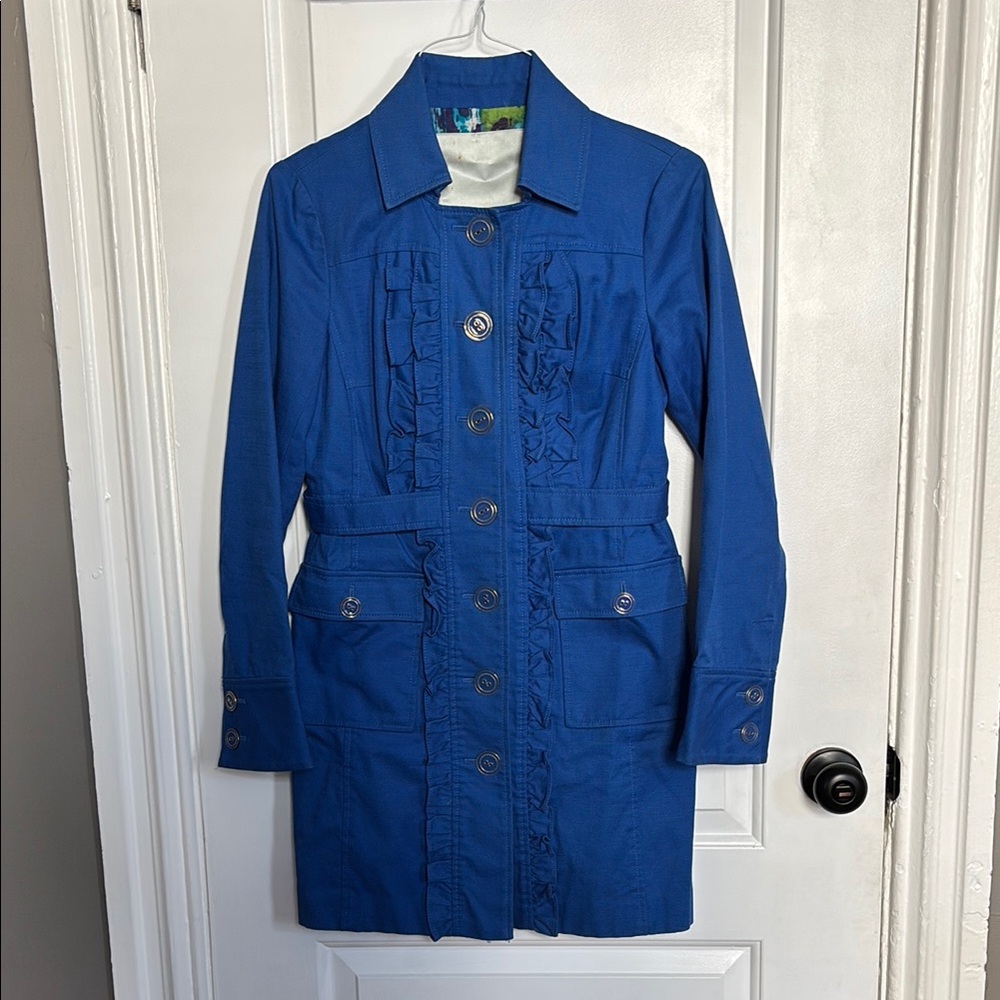 Beth Bowley blue ruffle coat 
Size 6